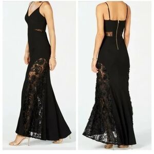 Betsy & Adam Soutache Formal Gown Full Length Lace V-Neck Thin Strap Black 12